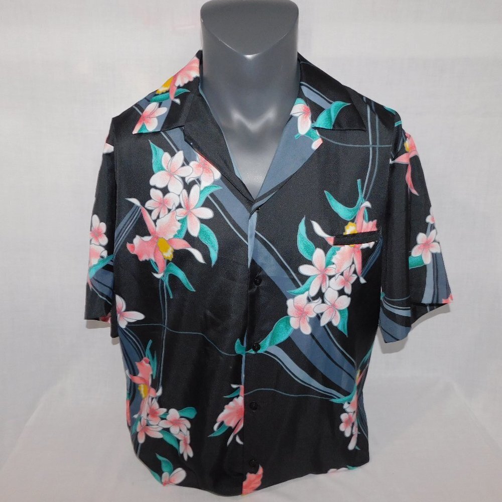Vintage Hilo Hattie Black Pink Green Floral Tropical Hawaiian Shirt Mens XL